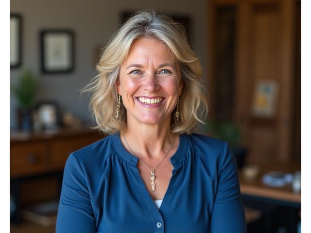 Portrait of Clara MacLeod, Inkwell Angler's founder and lead calligrapher, a warm smile conveying passion and expertise.