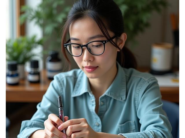 Portrait of Sophia Chen, a friendly artisan with glasses, holding a beautifully designed custom pen.