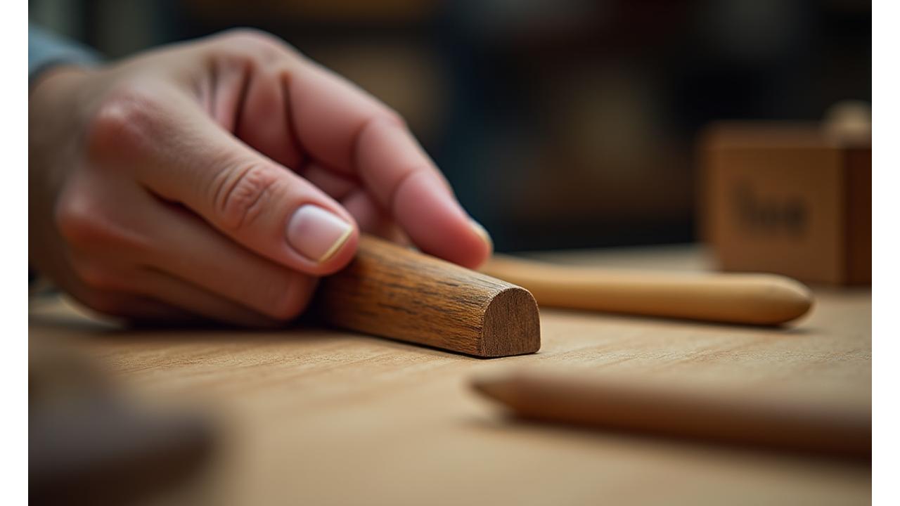 Close-up of an artisan's hands carefully shaping a calligraphy pen with traditional tools.