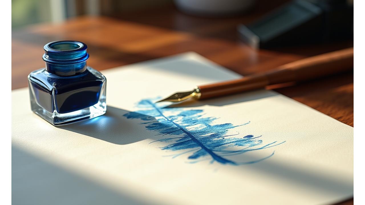 Elegant handcrafted quill pen poised above an inkwell and fine paper, set against a subtle maritime background.