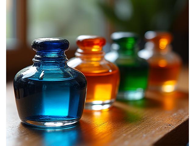 Rich, vibrant calligraphy inks in glass bottles, showcasing various colors.