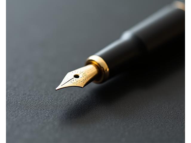 Close-up of a elegant, dark wood Inkwell Angler signature calligraphy pen.