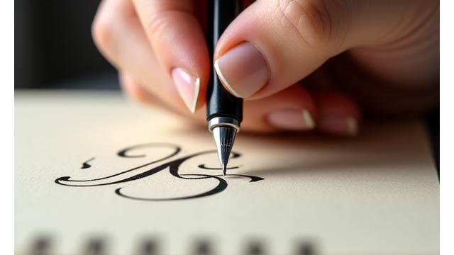 A close-up of Anastasia Petrov's hands demonstrating a delicate calligraphic stroke, highlighting her elegant technique.
