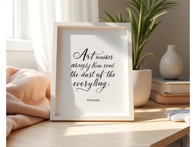 A framed piece of calligraphy art featuring an inspirational quote in elegant script, created by a student, displayed proudly in a home setting.