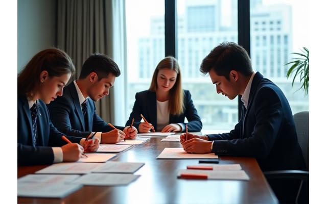 Team members engaged in a calligraphy session within a modern, spacious corporate office setting.