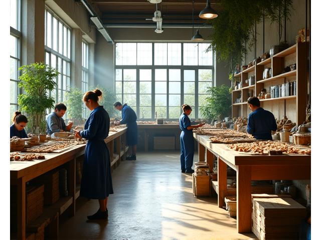 An aerial shot of a clean, well-lit manufacturing workshop with artisans carefully preparing natural ingredients for ink and crafting pen handles from sustainable wood, bathed in soft, natural light.