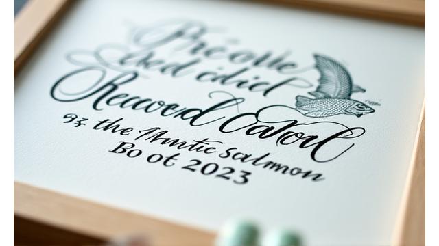 Detailed calligraphy artwork commemorating a personal fishing record, including fish species, weight, and date, surrounded by illustrative fishing elements.