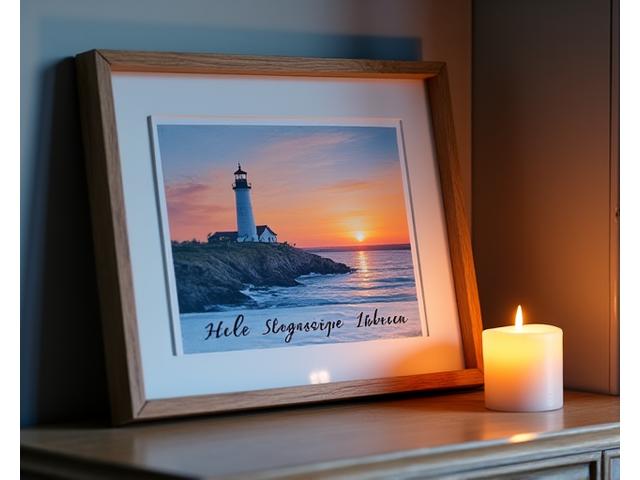 A poignant memorial calligraphy piece featuring a person's name and life dates, with a serene lighthouse and ocean wave illustration.
