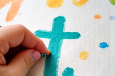 Child's hand holding a large, colorful crayon practicing basic letter strokes on paper.