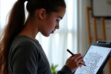 Teenager designing a complex calligraphy piece on a digital tablet with a stylus, modern and artistic.