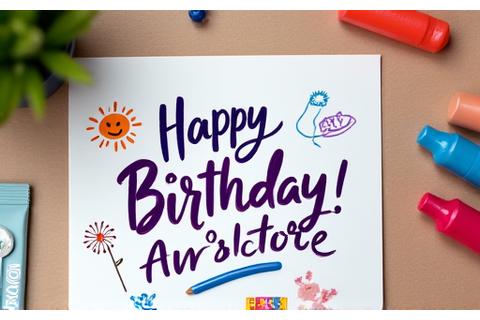 Hand-lettered greeting card created by a child, featuring a cheerful message and colourful decorations.