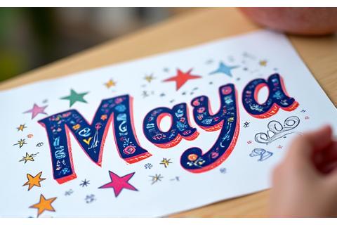 Vibrantly illustrated calligraphy art piece featuring a child's name, surrounded by whimsical drawings.