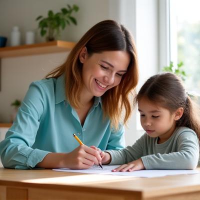 Smiling female instructor, Sarah MacDonald, with a warm expression, demonstrating calligraphy to a young child.