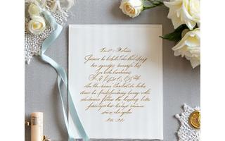 Calligraphed wedding invitation overlayed with delicate floral design and a golden wax seal, next to a lace veil