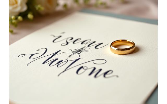 Close-up of beautifully calligraphed wedding vows on fine paper, with a golden ring in the foreground