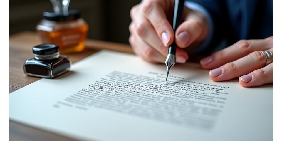 A skilled hand meticulously signing a formal custom art commission agreement with a traditional quill pen, emphasizing precision and agreement.