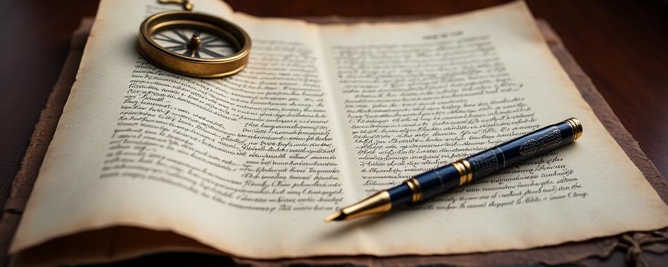 A finely detailed illustration of an open legal document with a compass and quilled pen, symbolizing adherence to guidelines and maritime exploration of terms.